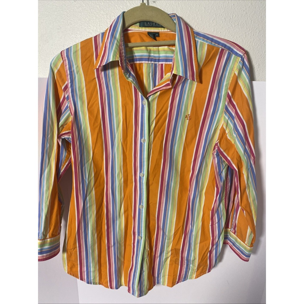 Lauren Ralph Lauren Women Striped 3/4 Sleeve Button-Up Shirt Med L1